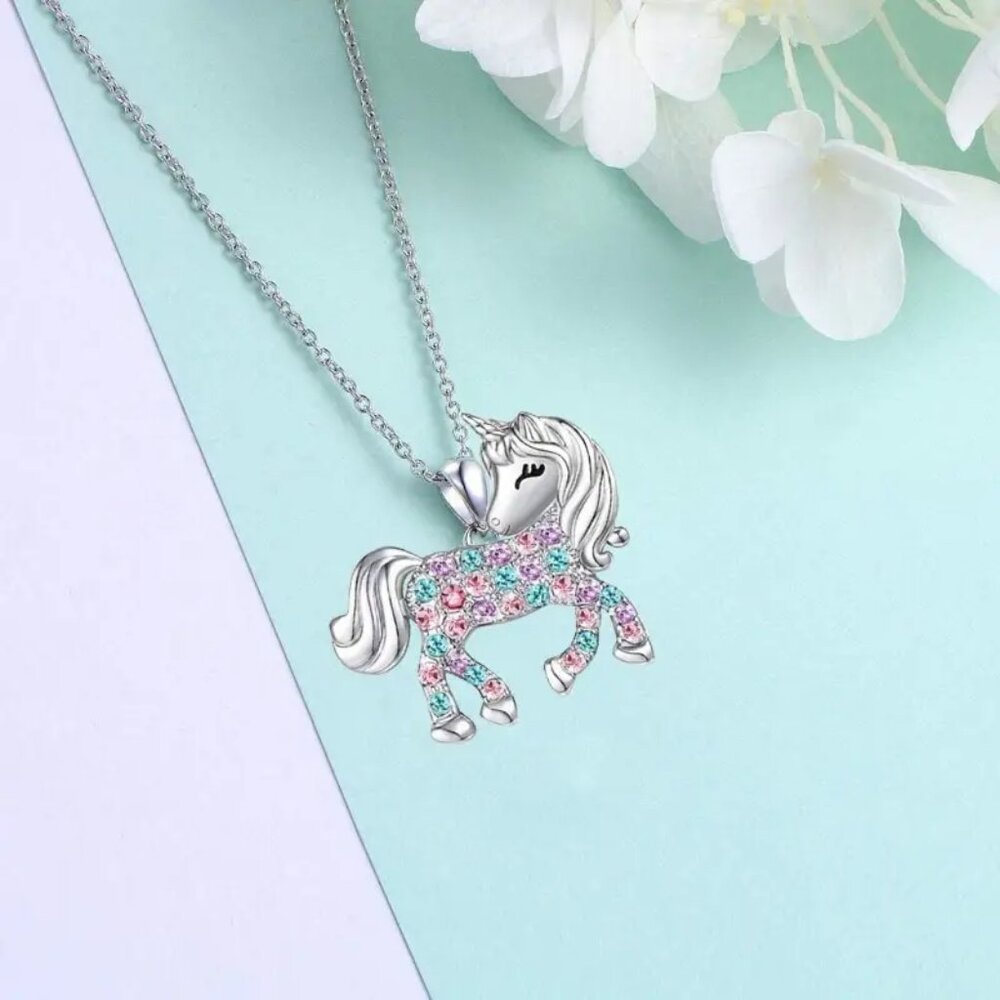 Unicorn Pendant Necklace Girls Silvertone Multi Color Rhinestones 19" Adj New - Picture 9 of 10